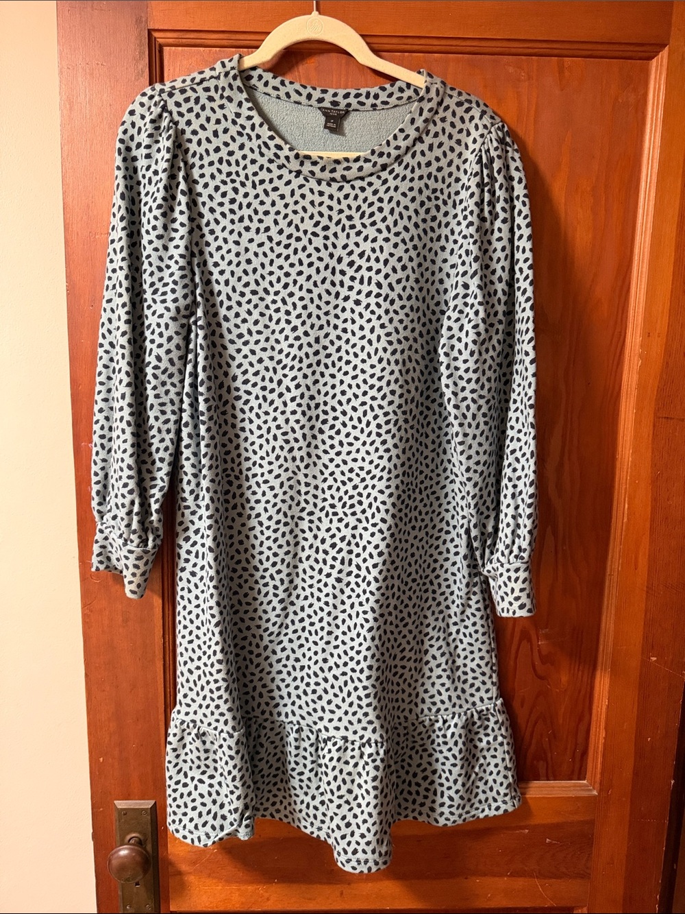 Ann Taylor Light Blue and Black Dotted Ruffle Hem Dress